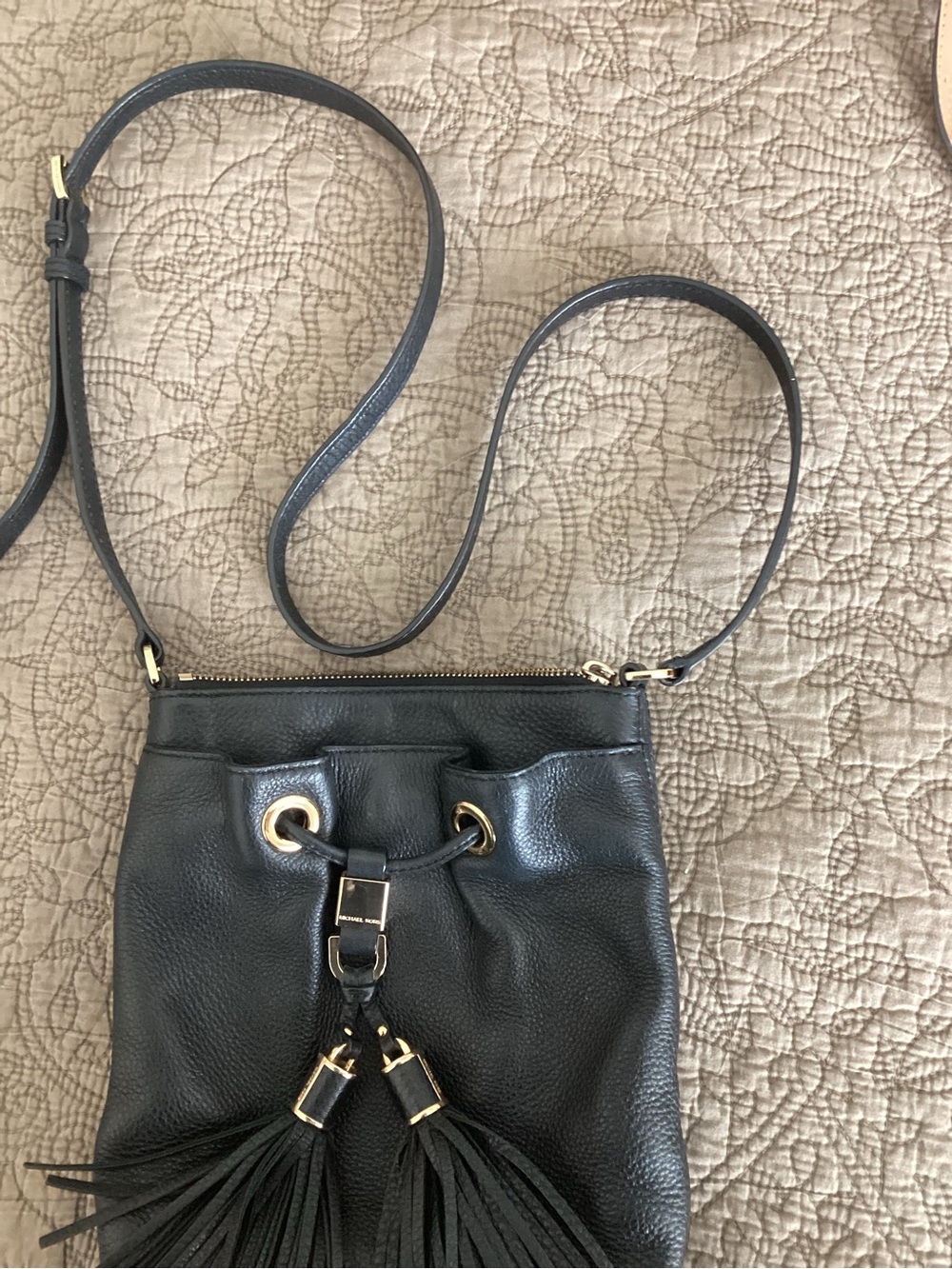 Michael Kors Black Leather Crossbody with Tassel Drawstring and Gold Hardware